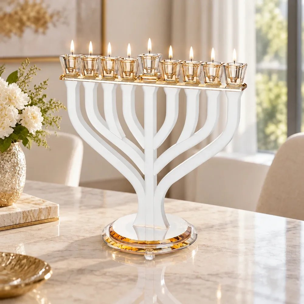 חנוכייה מקריסטל מט עם גימור זהב בעיצוב ענפים – החנוכייה דולקת בערב חנוכה