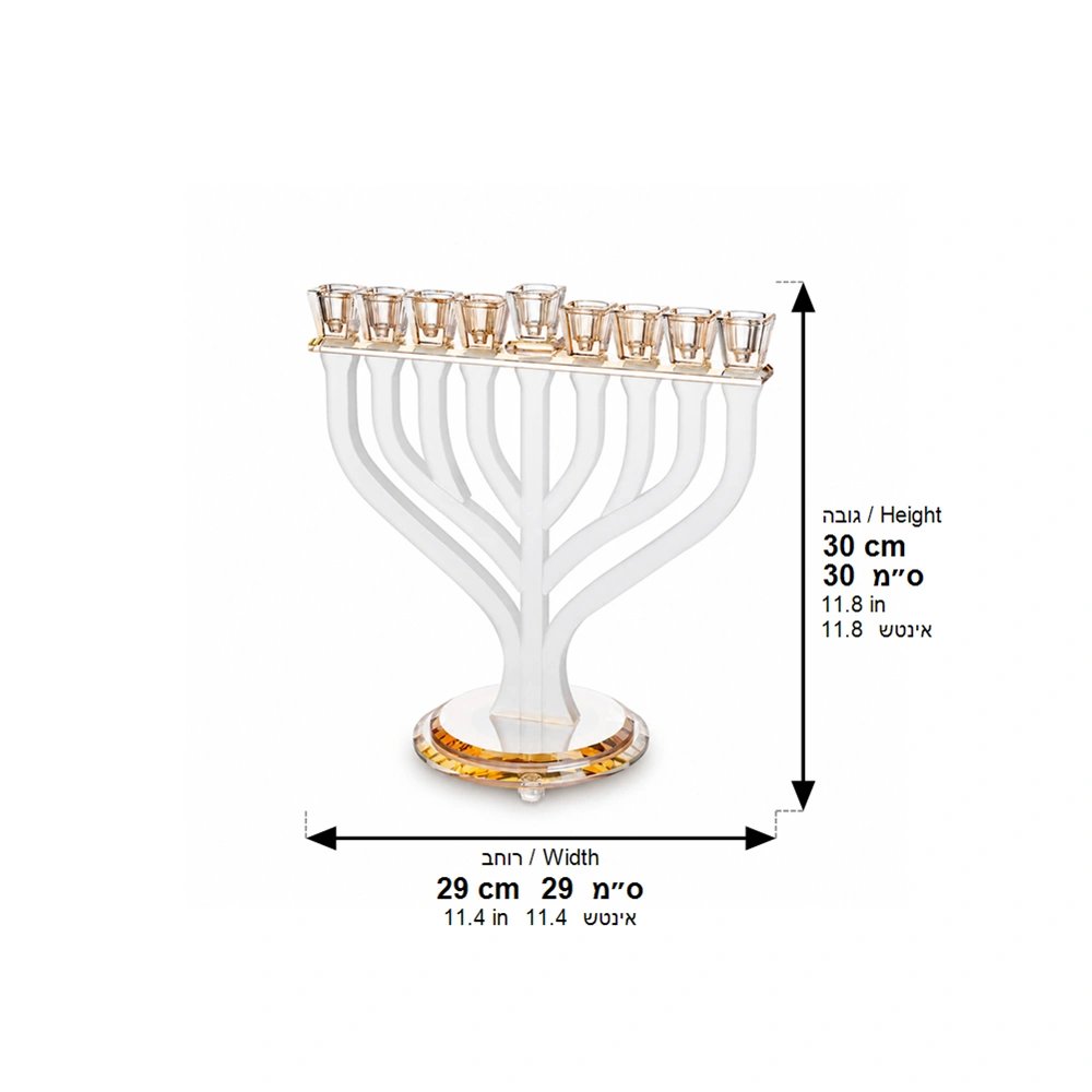 חנוכייה מקריסטל מט עם גימור זהב בעיצוב ענפים – תמונת מידות: 30*29 ס"מ
