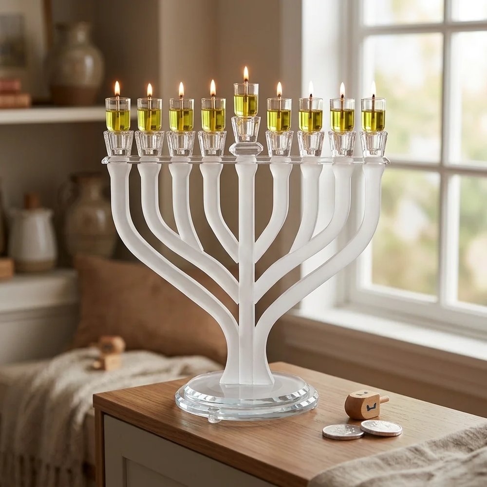 חנוכייה מקריסטל מט ושקוף בעיצוב ענפים על בסיס עגול – החנוכייה דולקת בערב חנוכה