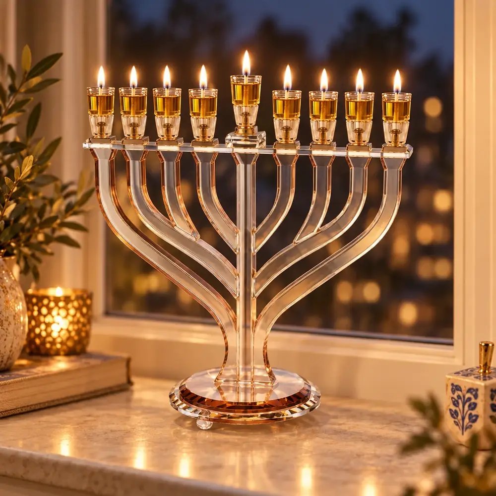 חנוכייה מקריסטל בגוון רוז גולד בעיצוב ענפים – החנוכייה דולקת בערב חנוכה
