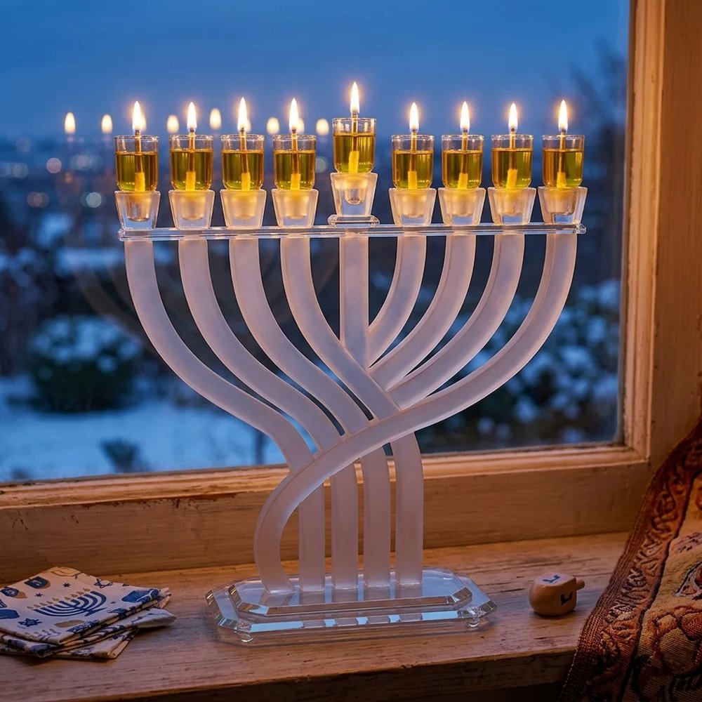 חנוכייה מקריסטל שקוף ומט בעיצוב זרועות זורמות – החנוכייה דולקת בערב חנוכה