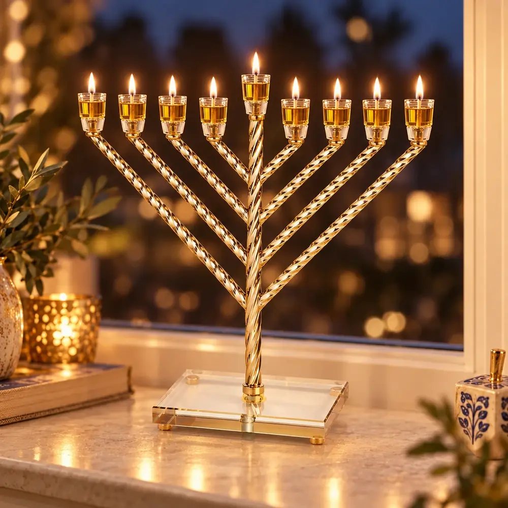 חנוכייה "אור הזהב" עם קנים קלועים אלכסוניים בגימור זהב ובסיס קריסטל – החנוכייה דולקת בערב חנוכה