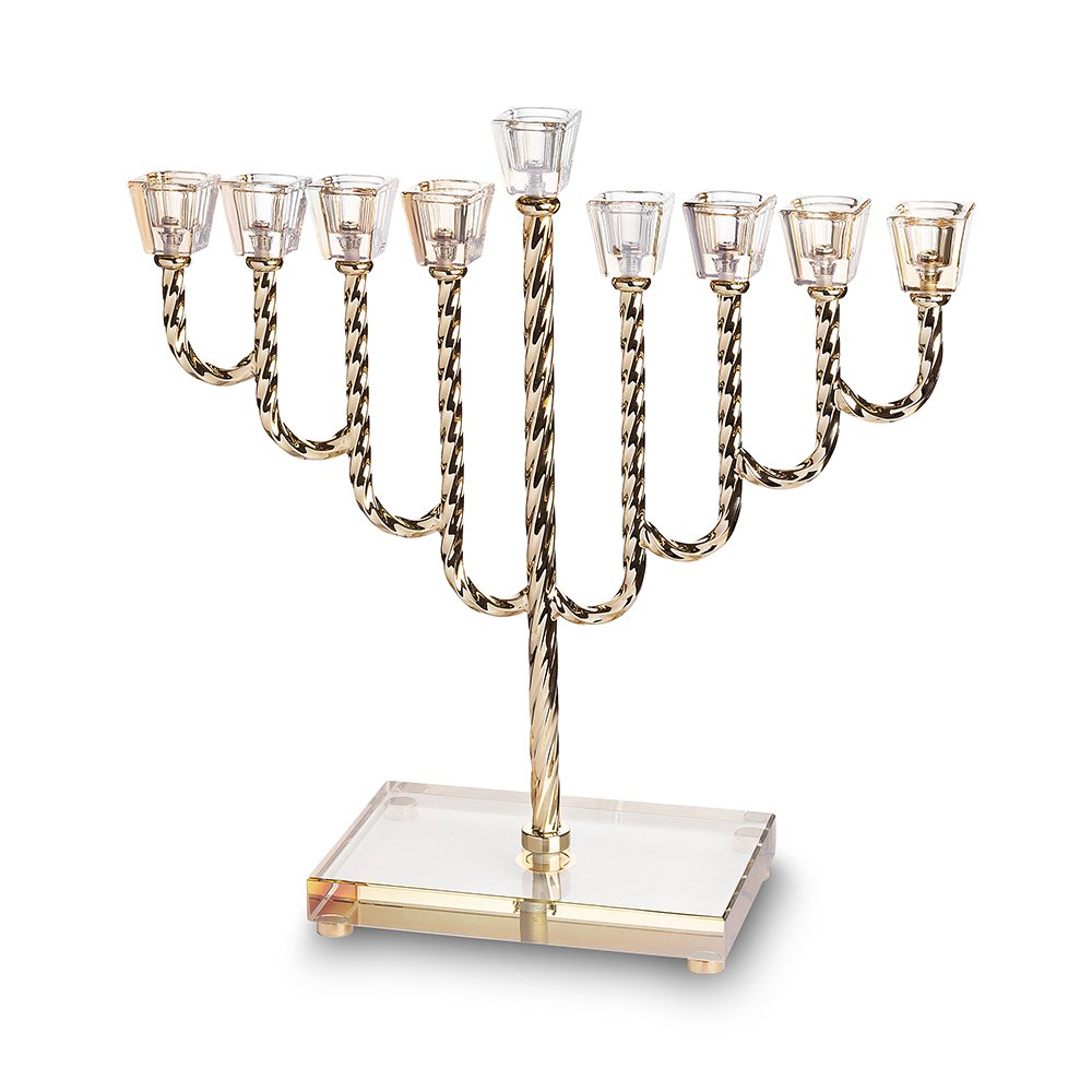 חנוכייה "אור הזהב" עם קנים קלועים בגימור זהב ובסיס קריסטל – מתכת וקריסטל, גימור זהב