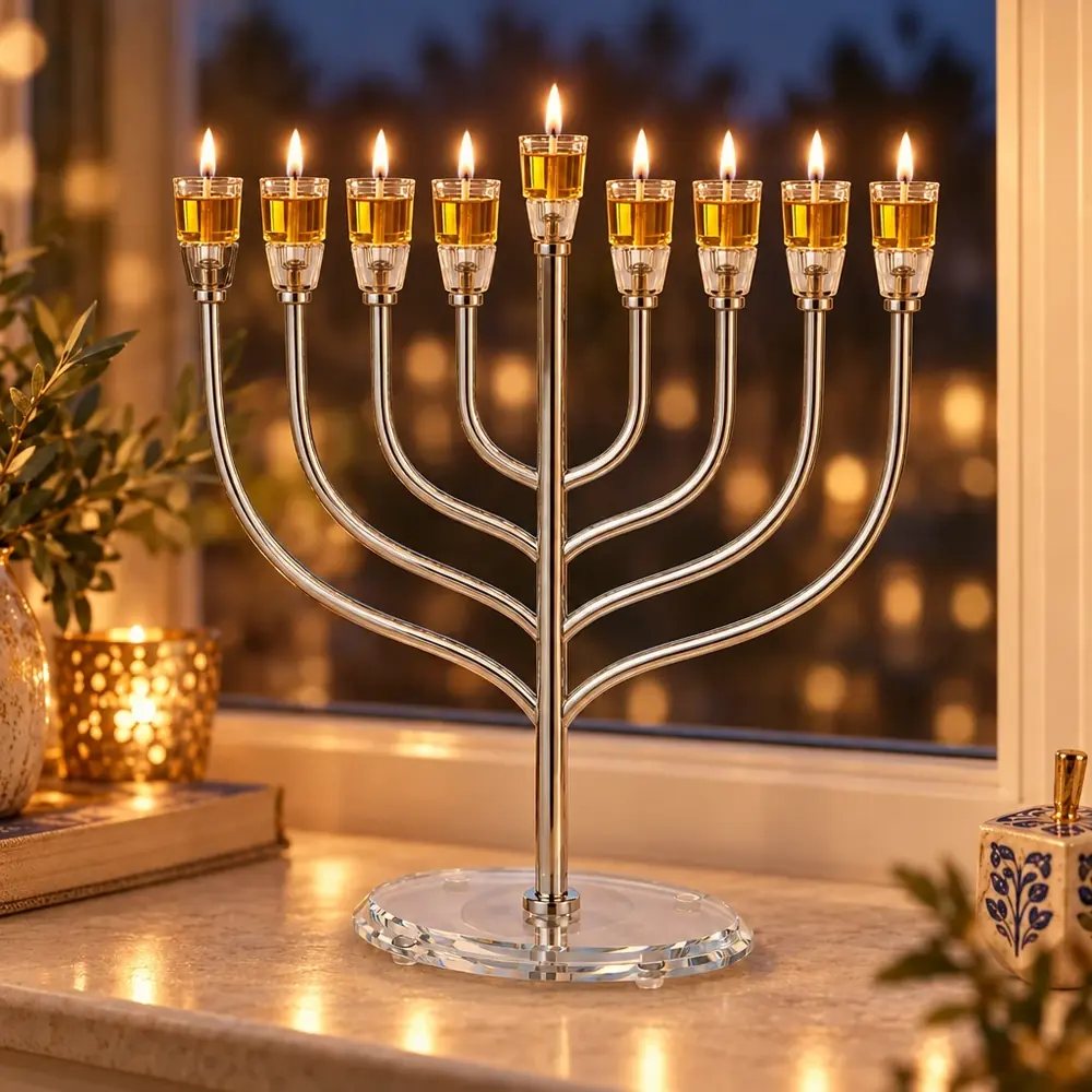 חנוכייה "אור הזהב" בגימור כסף עם קנים מעוגלים ובסיס קריסטל – החנוכייה דולקת בערב חנוכה