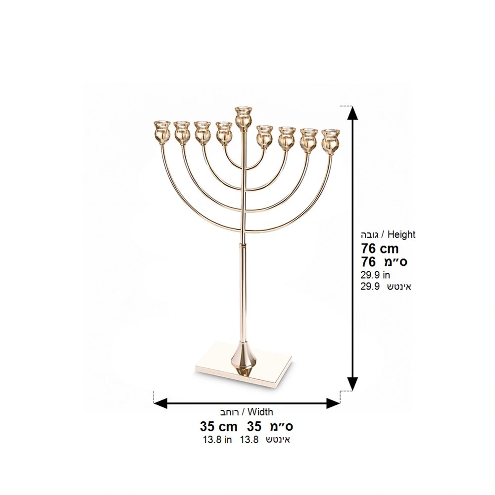 חנוכייה גבוהה "אור הזהב" בגימור זהב עם ראשי קריסטל ובסיס מלבני – תמונת מידות: 76 ס"מ