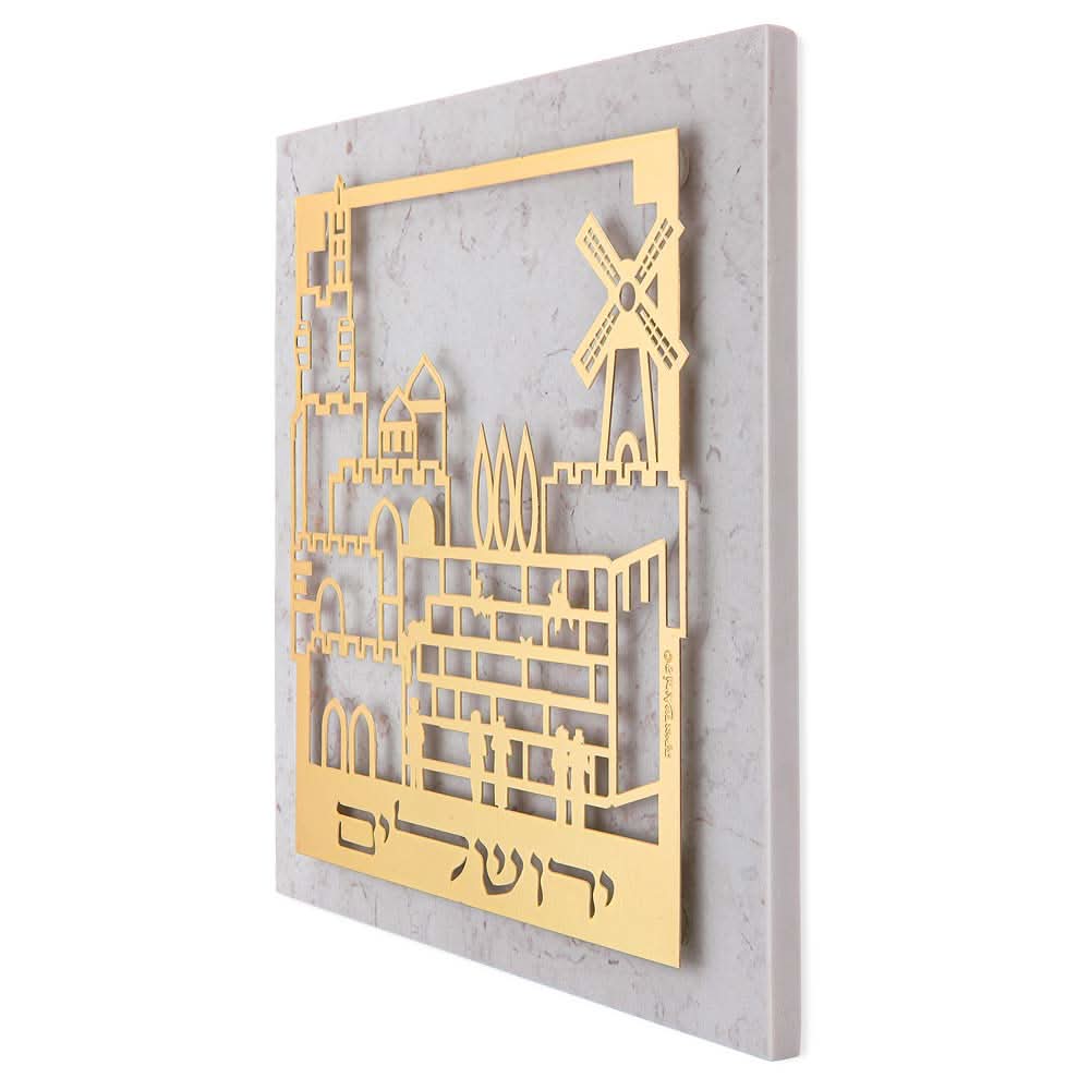 (20*20 ס"מ) מתלה "ירושלים" ממתכת ציפוי זהב על רקע דמוי אבן - האמנית דורית קליין