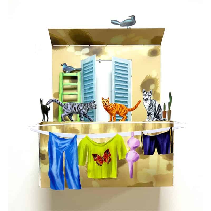 פסל שולחן “מרפסת חתולים” (33*25*17 ס"מ) הדפסה צבעונית על מתכת. מעוצב ומיוצר ע"י האמן דוד גרשטיין