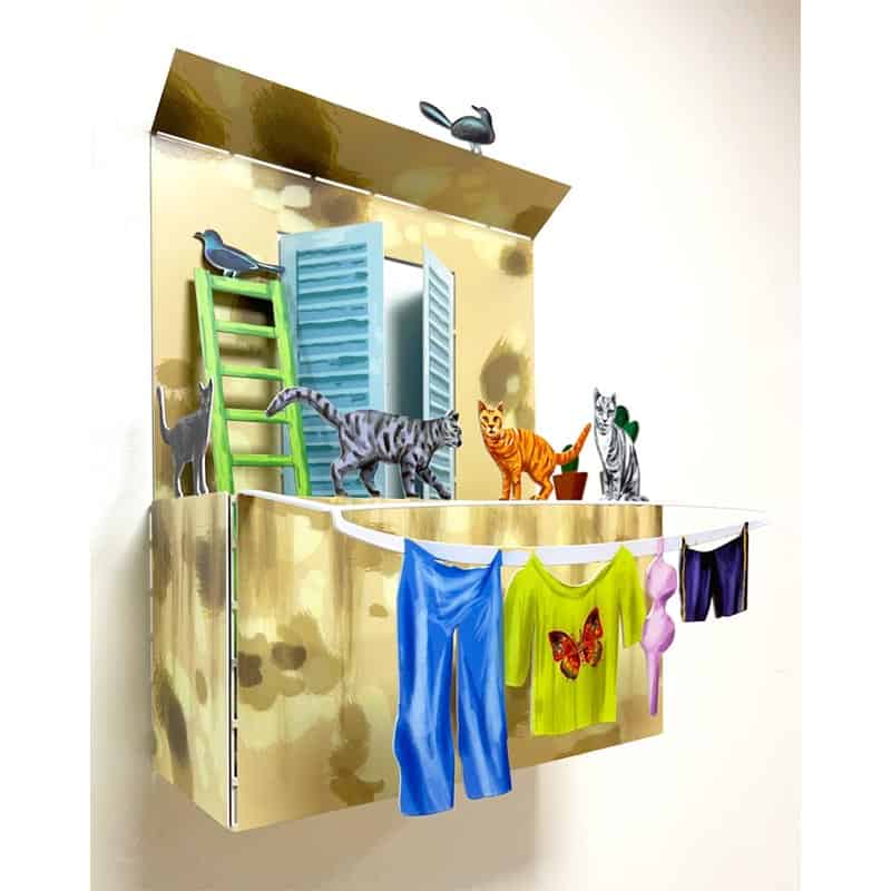 פסל שולחן “מרפסת חתולים” (33*25*17 ס"מ) הדפסה צבעונית על מתכת. מעוצב ומיוצר ע"י האמן דוד גרשטיין