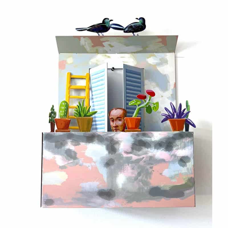 פסל שולחן “אדם במרפסת” (33*25*17 ס"מ) הדפסה צבעונית על מתכת. מעוצב ומיוצר ע"י האמן דוד גרשטיין