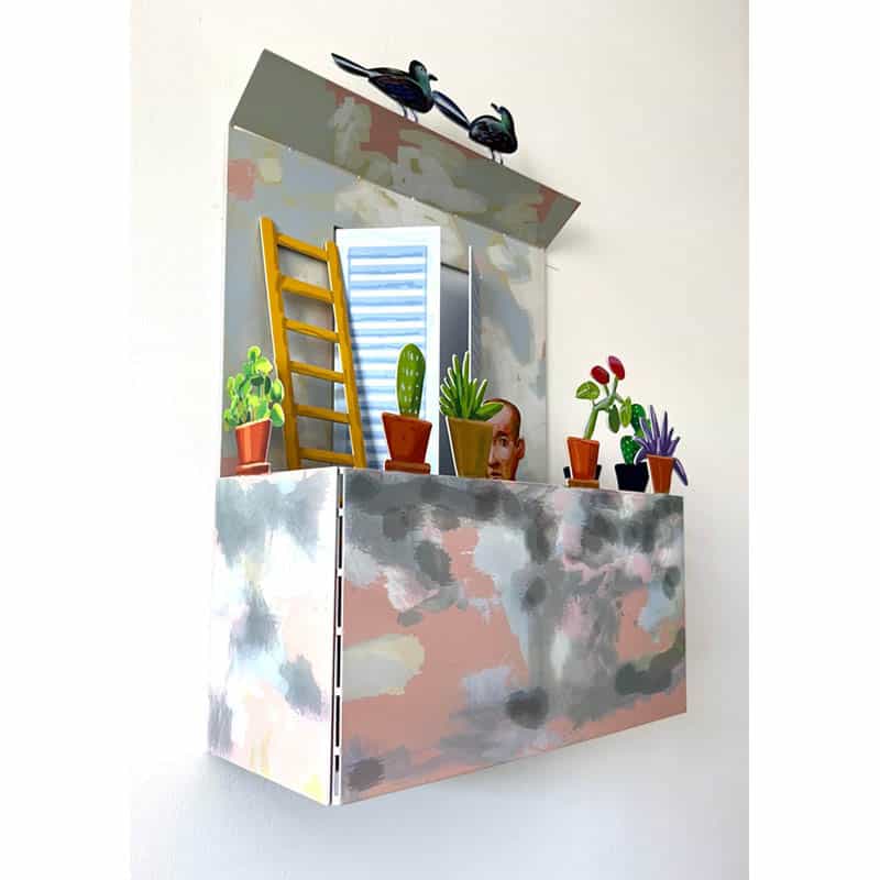 פסל שולחן “אדם במרפסת” (33*25*17 ס"מ) הדפסה צבעונית על מתכת. מעוצב ומיוצר ע"י האמן דוד גרשטיין