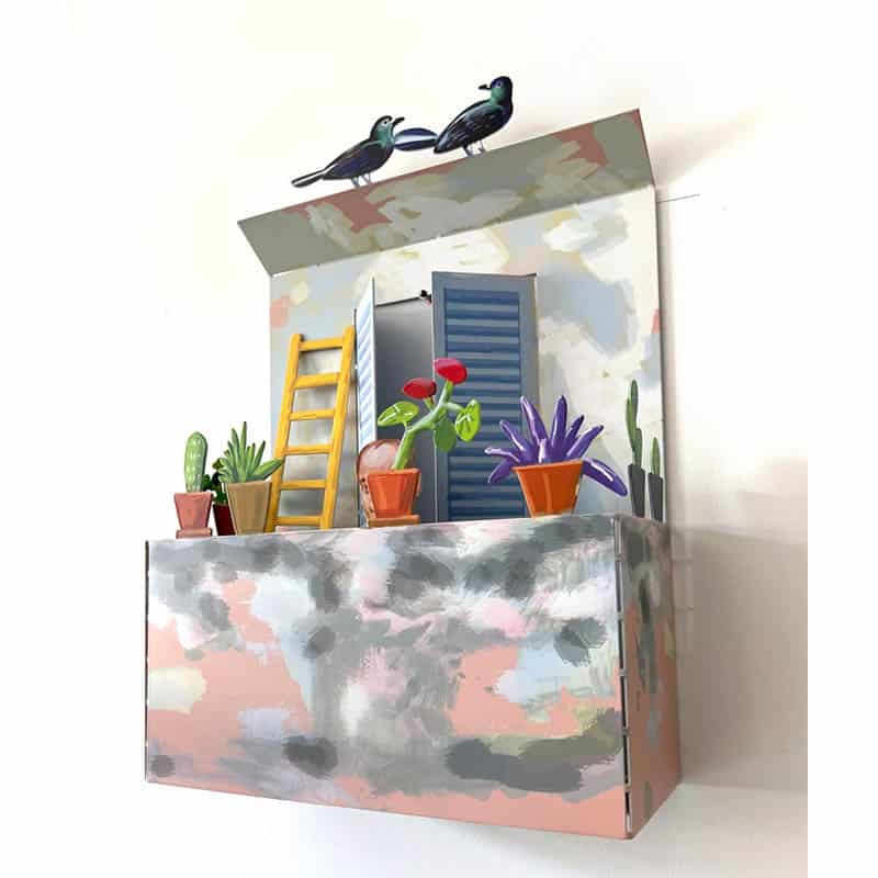 פסל שולחן “אדם במרפסת” (34*25*10 ס"מ) הדפסה צבעונית על מתכת, מעוצב ומיוצר ע"י האמן דוד גרשטיין