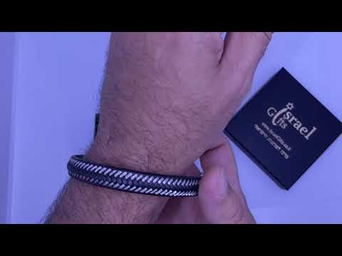 צמיד עור PU שחור לגבר שזור עם חוטי פלדת אל-חלד עם סוגר מגנטי (אורך 21 ס"מ)