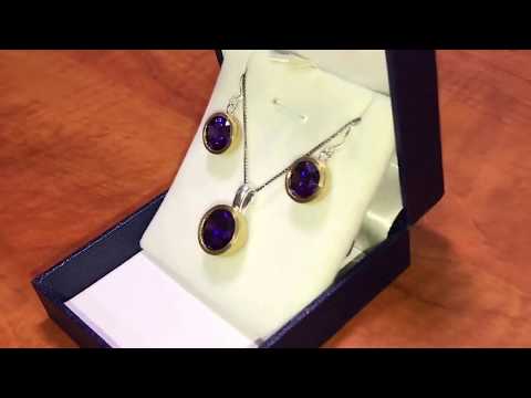 זוג עגילים מכסף 925 עם הברשה משובצים בקריסטלים סגולים וציפוי זהב 14 קראט