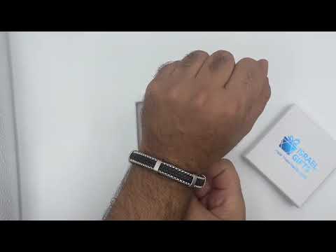 צמיד לגבר מעור PU שזור (21 ס"מ) שחור עם שרשראות סטיל וסוגר מגנטי