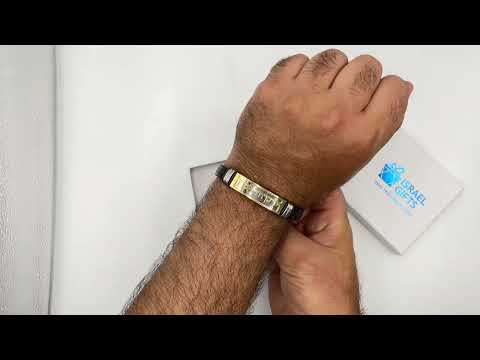 צמיד "יברכך ה וישמרך" פלטת סטיל (21 ס"מ) מעור שחור עם ציפוי זהב