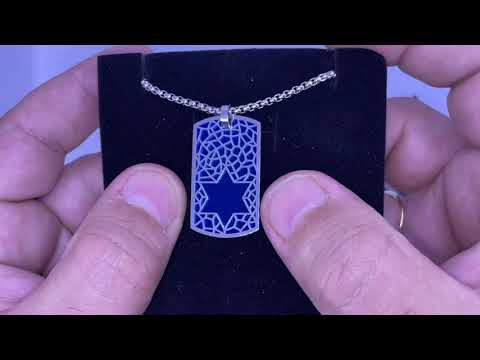 שרשרת מגן דוד (2*3.5 ס"מ) מסטיל (פלדת אל חלד) מלבני לגבר עם רקע כחול