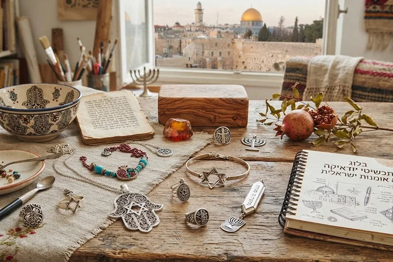 שולחן עם תכשיטים ויודאיקה מול חלון לירושלים, הבלוג של מתנות ישראל