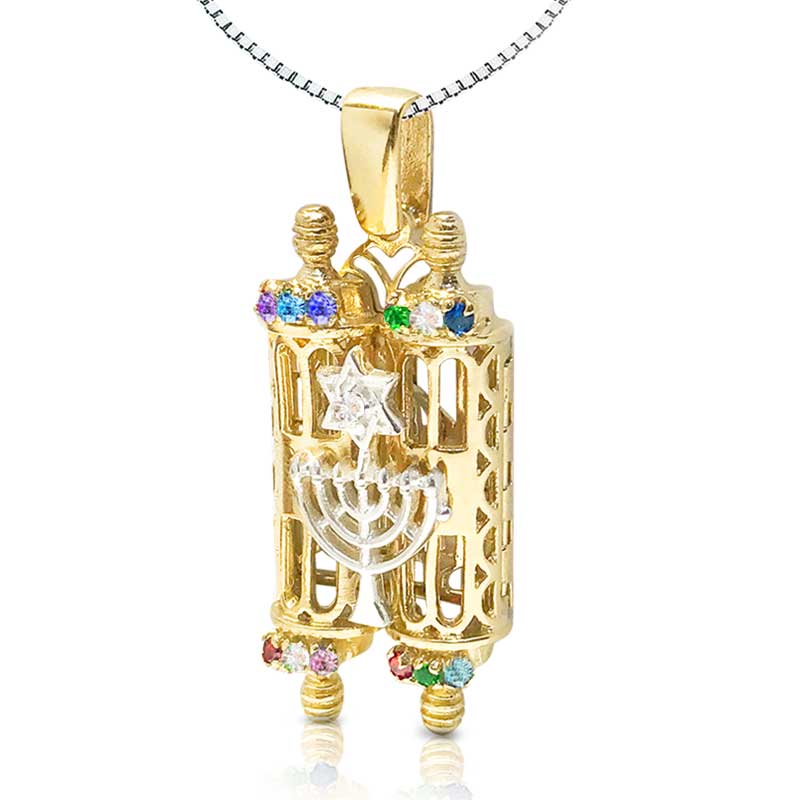 Large Torah scroll necklace (4.5*2.2 cm) open, 925 silver with gold plating (two-tone), colorful crystals