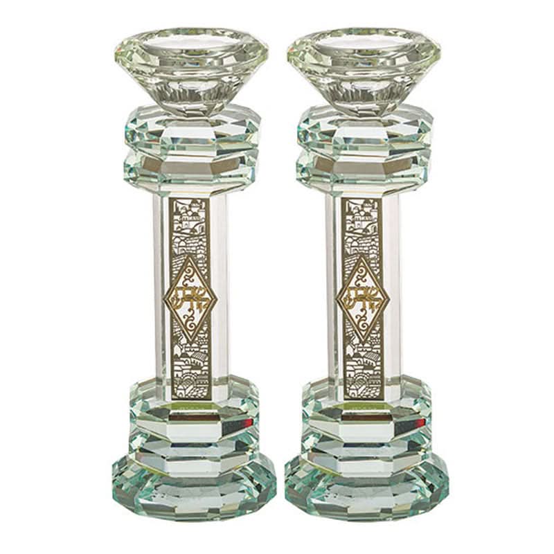 זוג פמוטי "שבת קודש" יציקת קריסטל מהודרים (19.5 ס"מ) עיטורי ירושלים