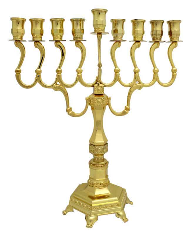 Large (36 cm) classic metal menorah, elegant, diamond-set, gold