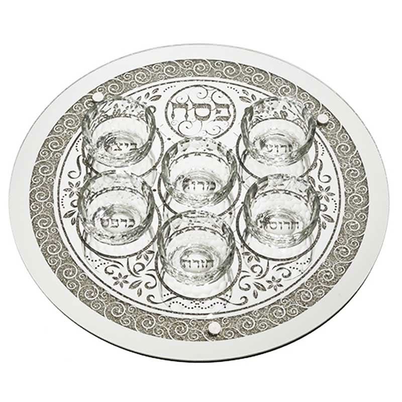 מגש פסח זכוכית מהודר עם 6 בומצים 40 ס"מ