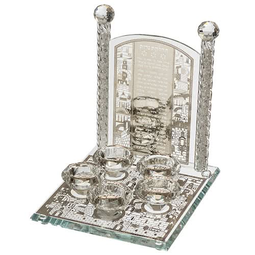 פמוטי קריסטל 5 קנים "הדלקת נרות" (26*21 ס"מ) עם קריסטלים ועיטורי ירושלים