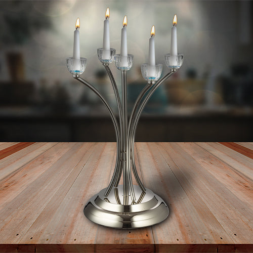 פמוט ממתכת 5 קנים גדול (35 ס"מ) ראשי קריסטל