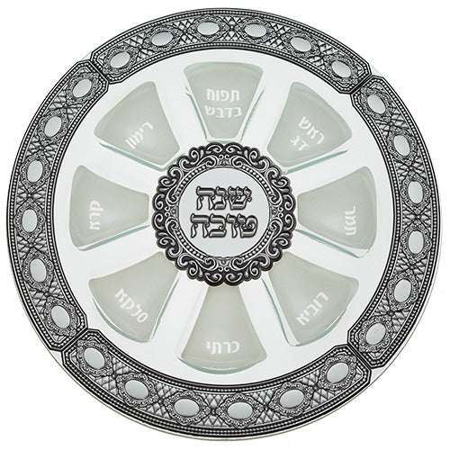 An elegant glass plate (35 cm) for Rosh Hashanah with plaques and all the symbols of the holiday