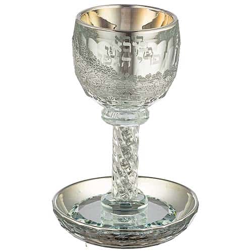 Crystal Kiddush Cup (17 cm) "Jerusalem" with double sides and the inscription "Creator of the fruit of the vine..."