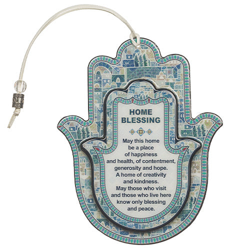 Hamsa Wall (18.5 cm) Mosaic Decorations "Jerusalem" and English House Blessing with Epoxy Coating