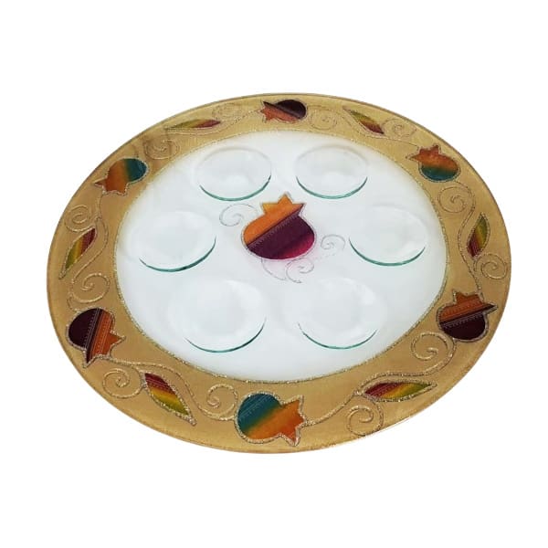 Rosh Hashanah plate (33 cm) made of glass with colorful pomegranate decorations on a golden background. Hand-painted.