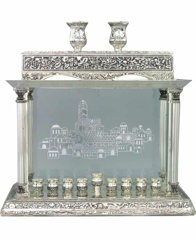 Large decorative Chanukah menorah, deluxe silver, 26X40 cm. Glass sides with Jerusalem decorations