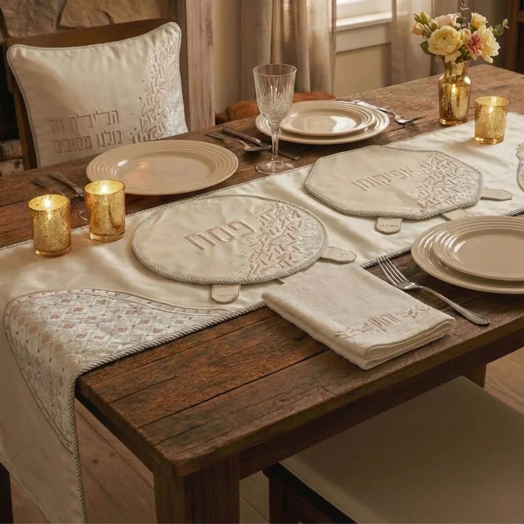 4-piece Passover set in a brocade and satin - Passover cover, Afikoman cover, sabbath pillow, and towel