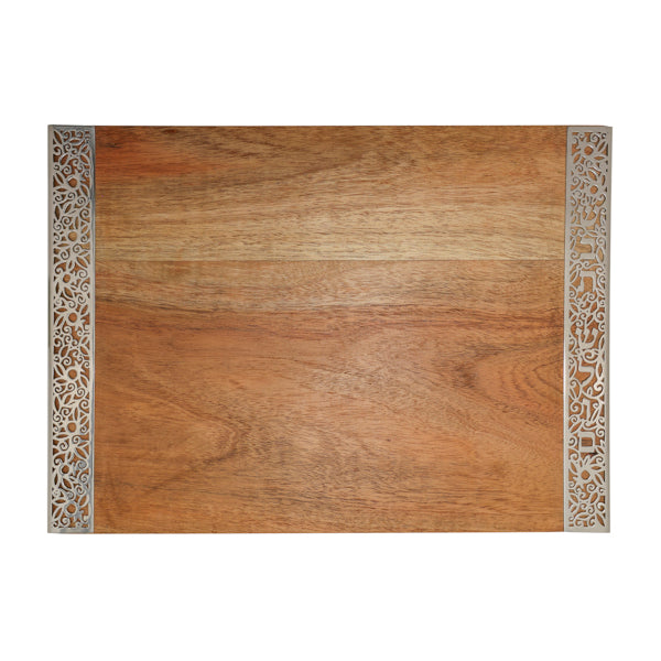 A large metal challah board made of dozens of colorful pomegranates, precisely laser-cut and hand-painted. Designed by artist Yair Emanuel