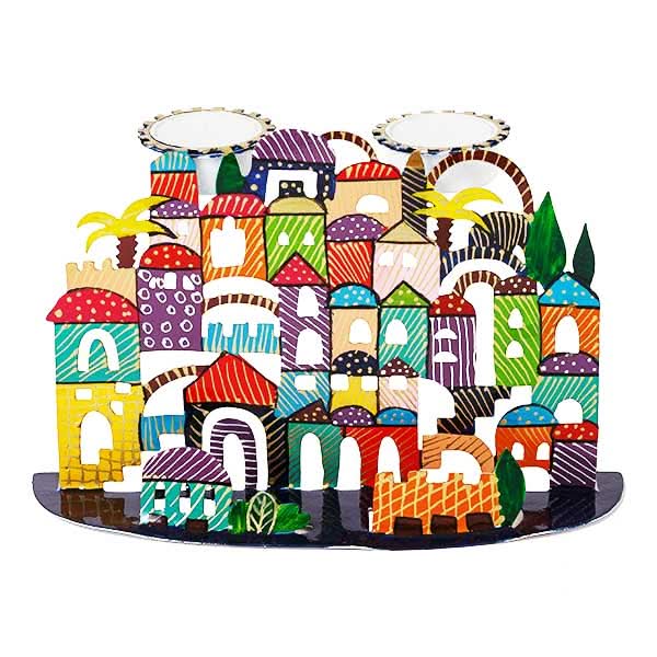 פמוטים מהממים ( 22 * 14 * 9 ס"מ ) להדלקת נרות עם מגזרת מתכת צבועה בחיתוך לייזר מדויק עם ציור בעבודת יד של נופי ירושלים בשלל צבעים! פריט ייחודי ומרשים עם איכות גימור מעולה! מעוצב ומיוצר ע"י האמן הירושלמי יאיר עמנואל. מחיר מבצע מיוחד מתנות ישראל