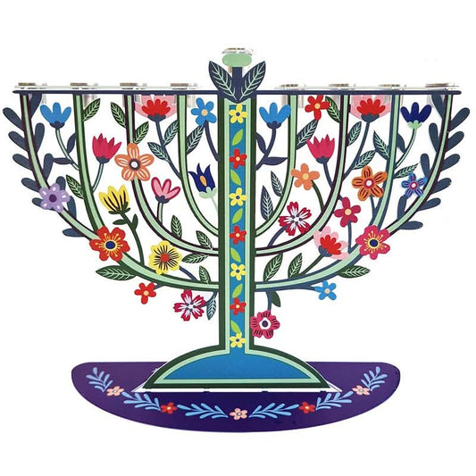 חנוכיית מתכת (8.5*23*28.5 ס"מ) "פרחים" - אמנית היודאיקה דורית קליין

