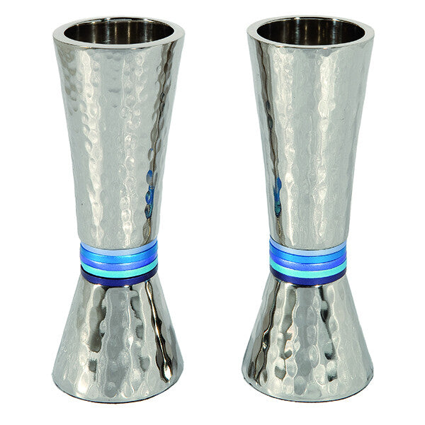 A pair of elegant candlesticks (13.5 * 11 cm) made of hand-hammered aluminum and decorated with rings with a colorful finish - designed and produced by artist Yair Emmanuel