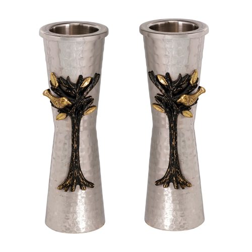 זוג פמוטי "עץ החיים" (18 ס"מ) ממתכת מרוקעת בגימור מט, האמן יאיר עמנואל