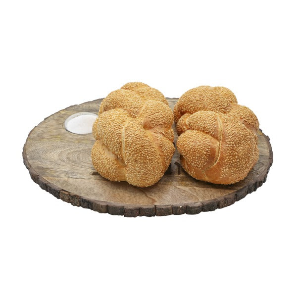 קרש חלה אובלי "שבת ויום טוב" (2*29*39.5 ס"מ) עץ מנגו קליפה + קערה למלח, האמן יאיר עמנואל