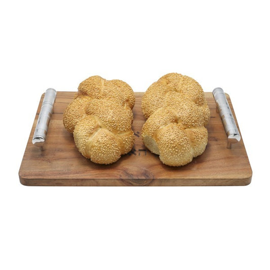 A large metal challah board made of dozens of colorful pomegranates, precisely laser-cut and hand-painted. Designed by artist Yair Emanuel