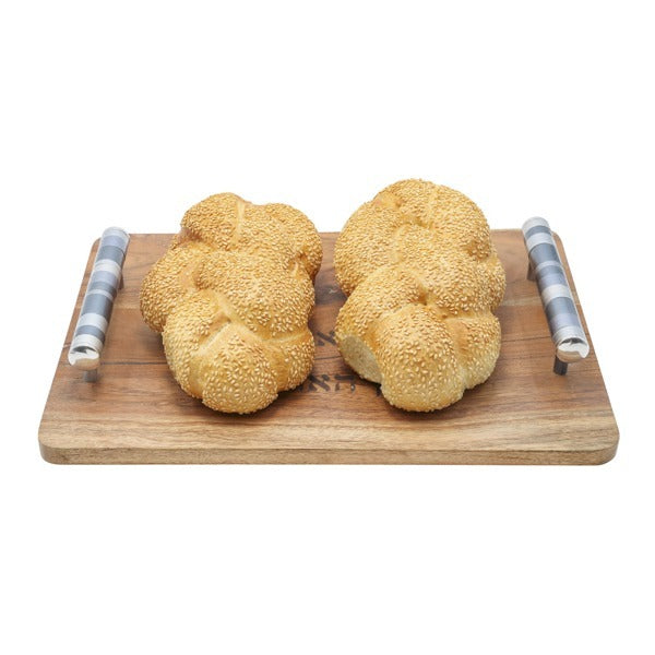 A large metal challah board made of dozens of colorful pomegranates, precisely laser-cut and hand-painted. Designed by artist Yair Emanuel