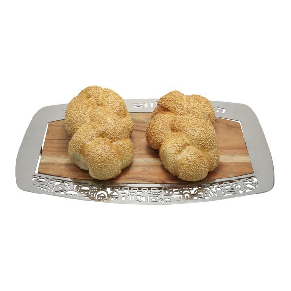 קרש חלה מלבני "ירושלים" עץ שיטה+ נירוסטה, האמן יאיר עמנואל