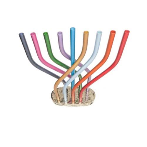 חנוכייה "שלהבת" (24*8*30.5 ס"מ) מאלומיניום בגימור צבעוני, האמן יאיר עמנואל.