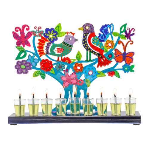 חנוכייה "ציפורים ופרפרים" (24*6*30 ס"מ) ממתכת חיתוך לייזר, האמן יאיר עמנואל