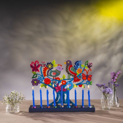 חנוכייה "ציפורים ופרפרים" (24*6*30 ס"מ) ממתכת חיתוך לייזר, האמן יאיר עמנואל