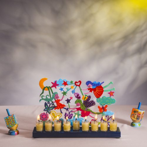 חנוכייה "פיות" (24*6*30 ס"מ) ממתכת חיתוך לייזר, האמן יאיר עמנואל