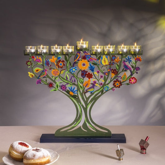 חנוכייה גדולה ממתכת "פרחים וציפורים" (41*8*50 ס"מ) - ע"י האמן יאיר עמנואל