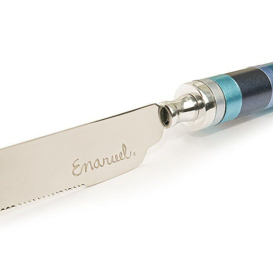 סכין חלה (2*33.5 ס"מ) ידית עם טבעות כחול, האמן יאיר עמנואל