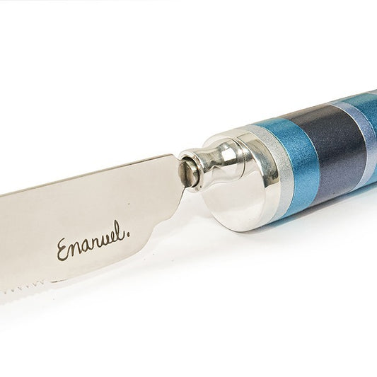 סכין חלה עם מלח (3*34 ס"מ) ידית עם טבעות טורקיז, האמן יאיר עמנואל