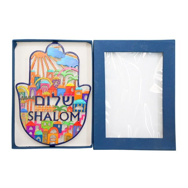 מתלה חמסה ממתכת (17*23.5 ס"מ) "נופי ירושלים שלום - SHALOM" - ע"י האמן יאיר עמנואל